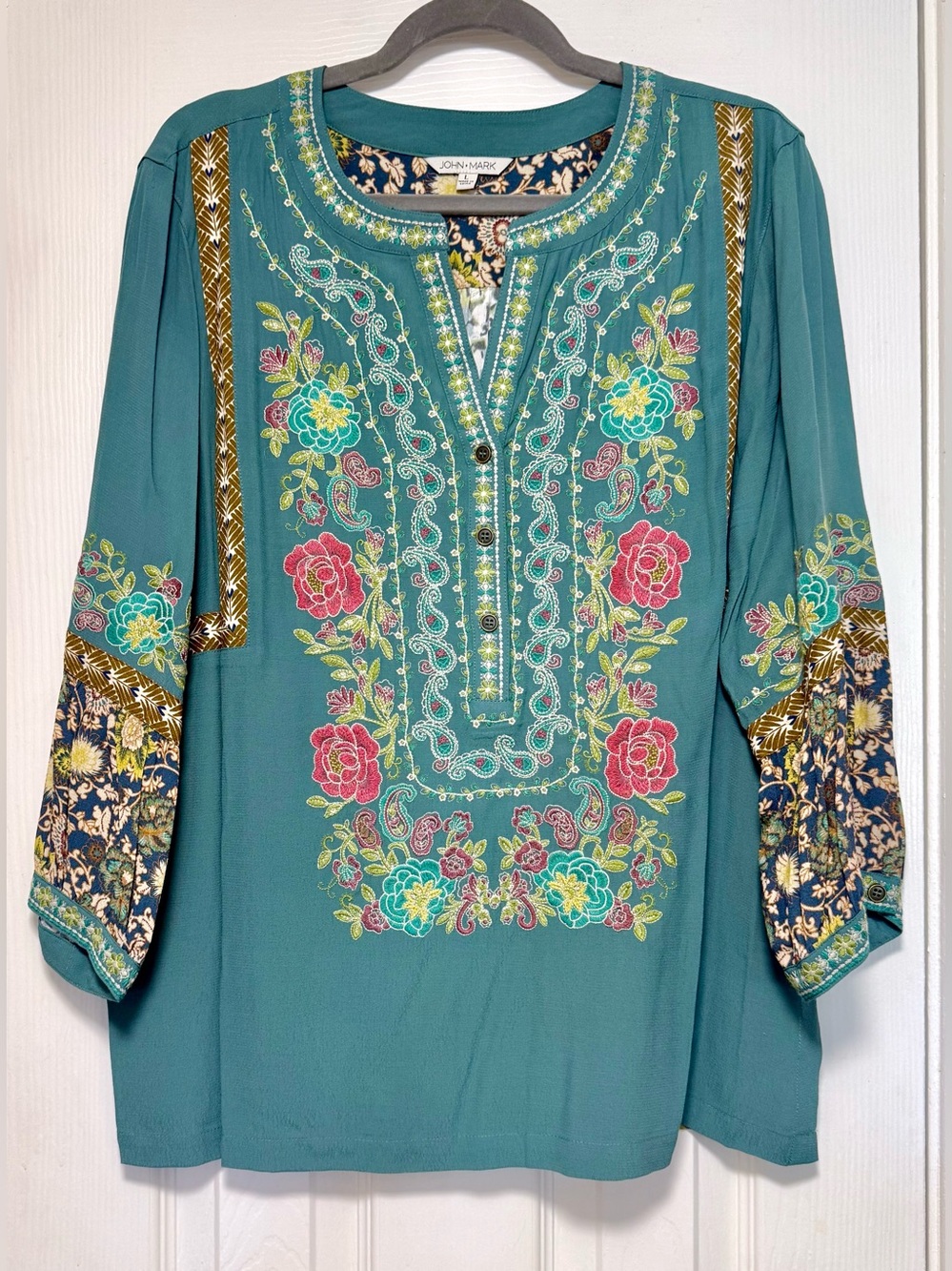 John Mark Teal Floral Embroidered Split-Neck Tunic